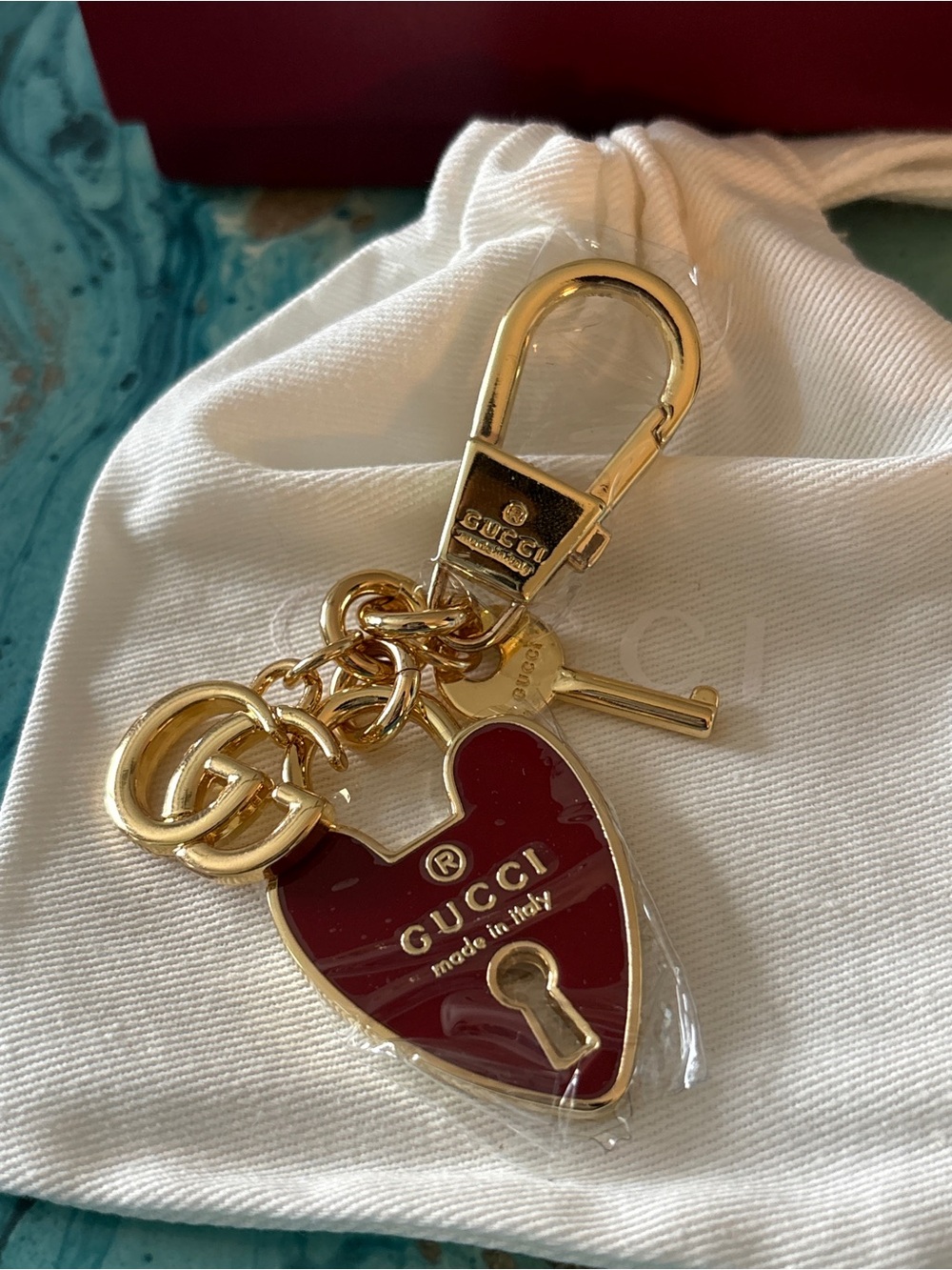 Gucci Gold-Tone Key Charm with Red Heart Enamel